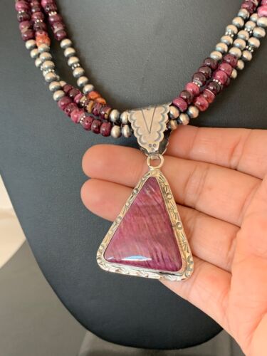 Navajo Purple Spiny Oyster Pendant Necklace | 3-Strand | Sterling Silver | Authentic Native American Handmade | 4107