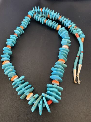 Authentic Native American Santo Domingo Necklace | Sterling Silver & Spiny Turquoise | 36" Graduated | 12067