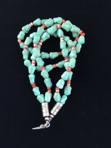 Native American Sterling Silver Blue Turquoise Spiny Oyster Necklace | 18" | 10062