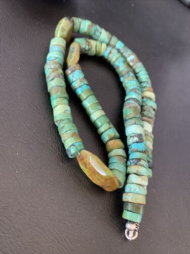 Men's Navajo Green Turquoise Nugget Heishi Bead Necklace | Sterling Silver | Authentic Native American Handmade | 21" | 10220