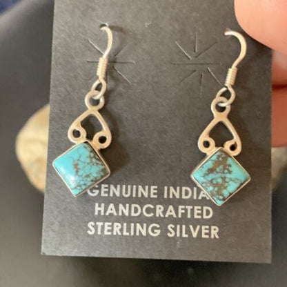 Navajo Blue Turquoise Dangle Earrings | Sterling Silver | 0.5" | Authentic Native American Handmade | 12748