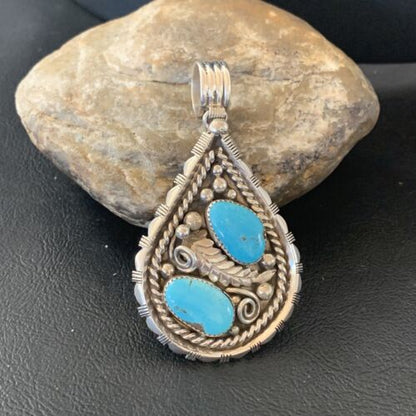 Southwestern Blue Turquoise Cluster Pendant | Authentic Men's Sterling Silver | Multi-Stone | 3" | 02104