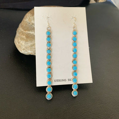 Navajo Green Turquoise Dangle Earrings | Sterling Silver | 3" Long | Authentic Native American Handmade | 12119