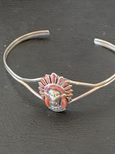 Native American Indian Head Coral Cuff Bracelet | Sterling Silver | Authentic Handmade | 1691 - Masha USA