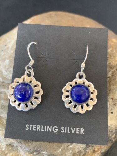 Navajo Flower Blue Lapis Lazuli Dangle Drop Earrings | Sterling Silver | 0.50" | 12711