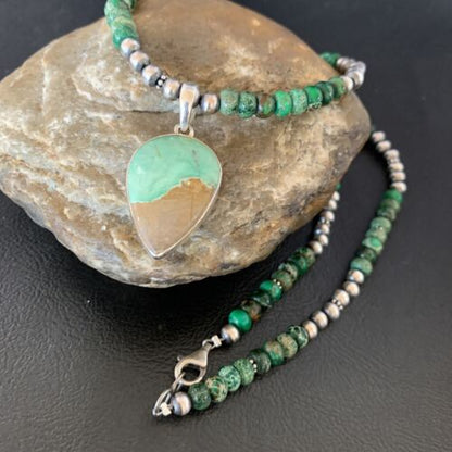 Navajo Green Turquoise Pendant Necklace | Sterling Silver Beads | Authentic Native American Handmade | 13366