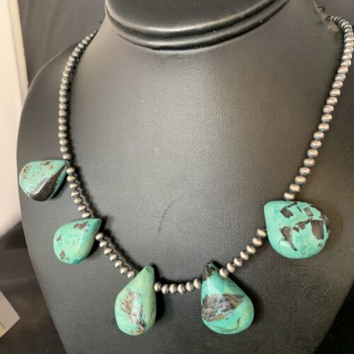 Navajo Teardrop Blue Turquoise Necklace | Sterling Silver Pearls | 20" | Authentic Native American Handmade | 13959