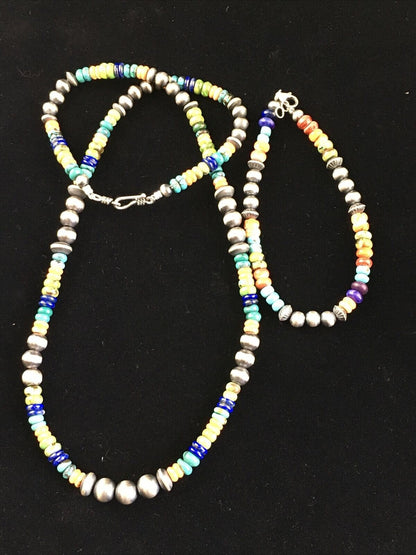 Native American Multi-Color Turquoise Necklace & Bracelet Set | Sterling Silver | 22" | Navajo Handmade | 10039 - Masha USA