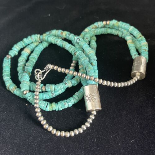 Navajo Turquoise Heishi Necklace | Sterling Silver 3 Strand 7mm | 24" | Authentic Native American Handmade | 01769