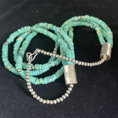 Navajo Turquoise Heishi Necklace | Sterling Silver 3 Strand 7mm | 24" | Authentic Native American Handmade | 01769
