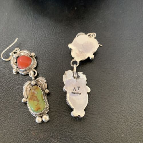 Navajo Green Royston Turquoise & Red Coral Dangle Earrings | Sterling Silver | Native American Handmade | 12354