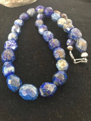 Navajo Chunky Faceted Denim Lapis Beads Necklace | Sterling Silver | Authentic Native American Handmade | 21" | 13973