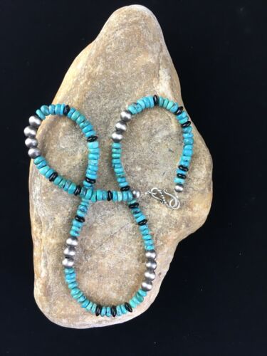 Native American Sterling Silver Necklace | Blue Turquoise & Onyx | 18" | 10027