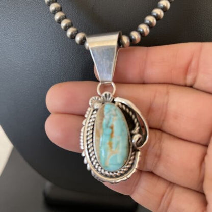 Women's Royston Turquoise Pendant Necklace | Navajo Pearls | Sterling Silver | Authentic Native American Handmade | 01182