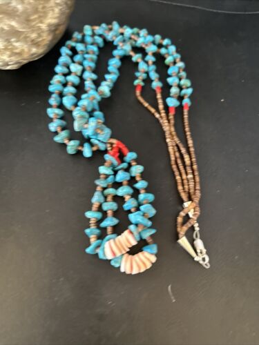 Santo Domingo Shell Turquoise Bead Pendant Jacla Necklace | 2 Strand | Pearls | Native American Handmade | 14633