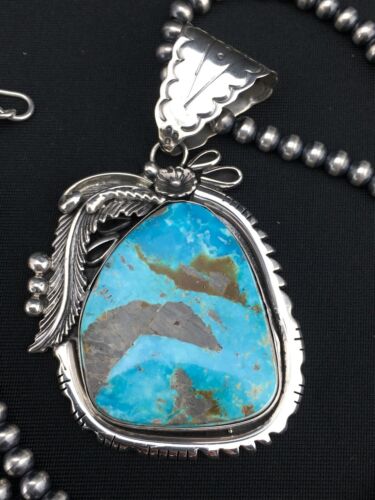 Navajo Pearls Kingman Turquoise Pendant Necklace | Sterling Silver | Native American Handmade | 4819