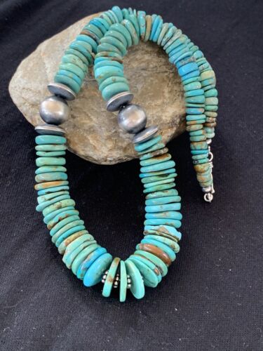 Navajo Sterling Silver Graduated Blue Green Turquoise Necklace | Authentic Native American | 24" | 248