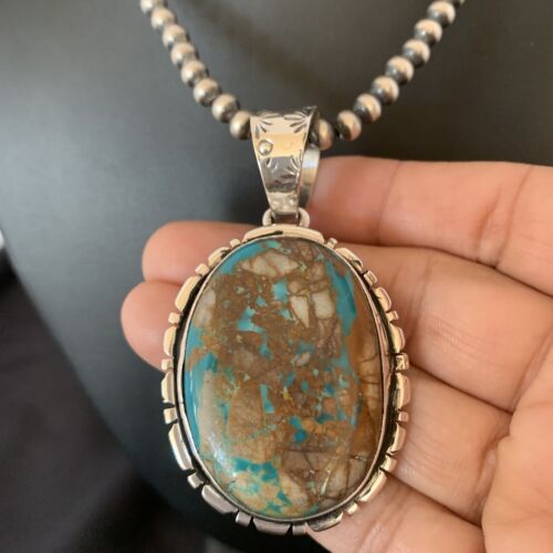 Navajo Pearls Necklace with Blue Royston Turquoise Pendant | Sterling Silver | Authentic Native American Handmade | 10629