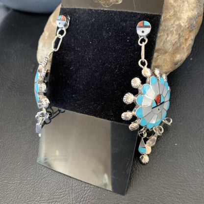 Zuni Sun Face Kingman Turquoise White Mother of Pearl Dangle Earrings | Sterling Silver | 12125