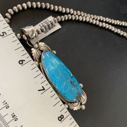 Men's Navajo Pearls Necklace with Blue Kingman Turquoise Pendant | Sterling Silver | Native American Handmade | 12381