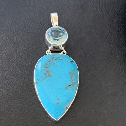 Southwestern Navajo Blue Topaz Turquoise Pendant | Sterling Silver | 3" | 10711