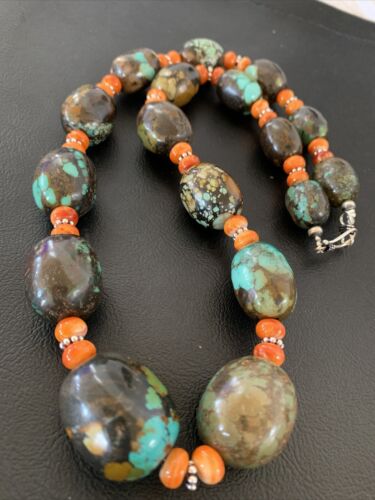 Navajo Green Turquoise & Orange Spiny Oyster Necklace | Sterling Silver | 23" | 1845