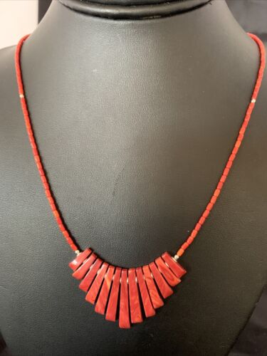 Navajo Apple Coral Heishi Fan Bead Necklace | Sterling Silver Tube | 20" | Authentic Native American Handmade | 10476 - Masha USA