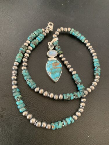 Navajo Pearls Necklace with Blue Mojave Turquoise Moon Pendant | Authentic Native American Sterling Silver | Multi-Stone | 11912