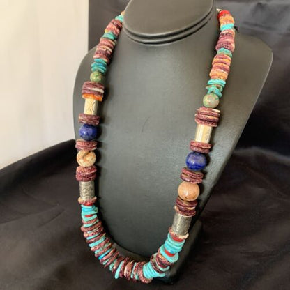 Navajo Sterling Silver Necklace | Turquoise, Spiny Oyster, Coral, Lapis | 24" | Authentic Native American | 10825