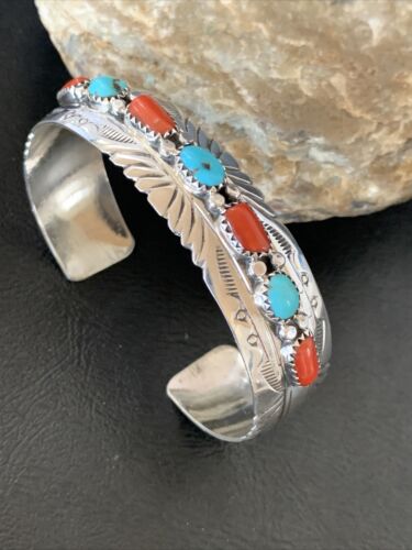 Navajo Blue Kingman Turquoise Coral Cuff Bracelet | 7 Strand | Sterling Silver | 12315