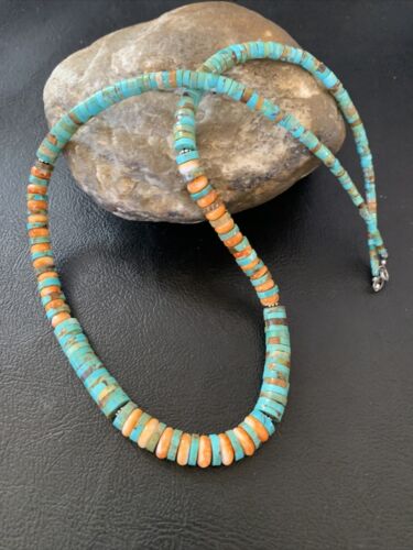 Navajo Green Turquoise & Orange Spiny Oyster Graduated Heishi Necklace | Sterling Silver | Authentic Native American | 20" | 11774