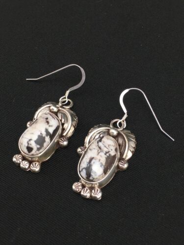 Navajo White Buffalo Turquoise Dangle Earrings | Sterling Silver | 1.25" | Authentic Native American Handmade | 1325