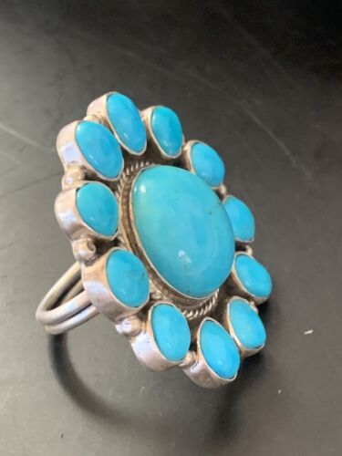 Navajo Blue Kingman Turquoise Cluster Ring | Authentic Native American Sterling Silver | Multi-Stone | Sz 7.5 | 11529