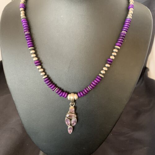 Navajo Amethyst Sugilite Necklace Pendant | Sterling Silver | Multi-Stone | Authentic Native American Handmade | 12375