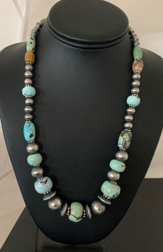 Authentic Native American Navajo Pearls Necklace | Sterling Silver Dry Creek Turquoise Beads | 21" | 01385