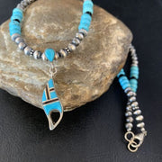 Navajo Blue Turquoise Onyx Inlay Pendant Necklace | Sterling Silver | Authentic Native American Handmade | 13846