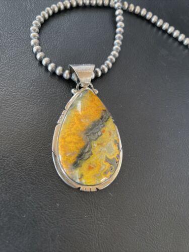 Men's Navajo Pearls Necklace with Bumblebee Jasper Pendant | Sterling Silver | Native American Handmade | 10548
