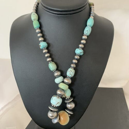 Sterling Silver Navajo Pearls Necklace | Dry Creek Turquoise Beads | Native American Handmade |21" | 01387