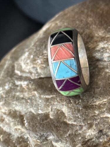 Multi-Color Blue Turquoise Gaspeite Inlay Ring | Sterling Silver | Sz 10 | Native American Handmade | 14502