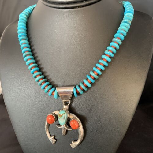 Navajo Sterling Silver Necklace | Blue Turquoise & Coral Naja Pendant | Authentic Native American Handmade | 13748