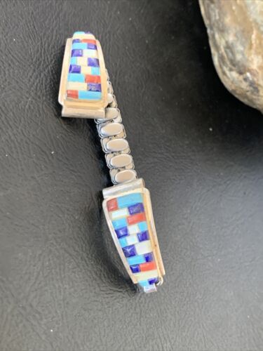 Navajo Sterling Silver Watch Tips with Turquoise, Coral & Mother of Pearl Inlay Band | Authentic Native American Jewelry | 12138
