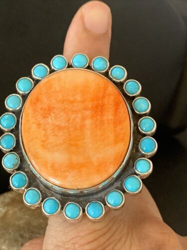 Navajo Blue Turquoise & Spiny Oyster Cluster Ring | Authentic Native American Sterling Silver | Multi-Stone | Sz 9-12 | 10628