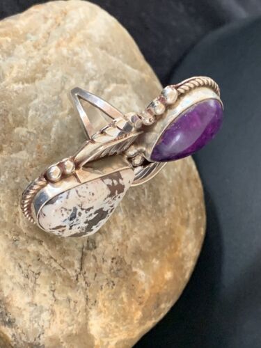 Navajo White Buffalo Turquoise & Sugilite Ring | Authentic Native American Sterling Silver | Multi-Stone | Sz 9.5 | 00310