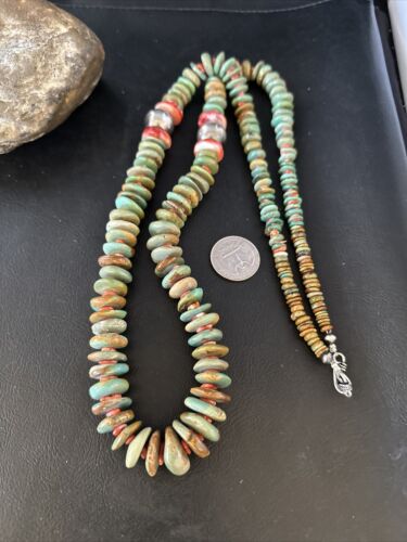 XL Green Turquoise & Red Spiny Oyster Navajo Sterling Silver Necklace | Authentic Native American | 32" | 14790