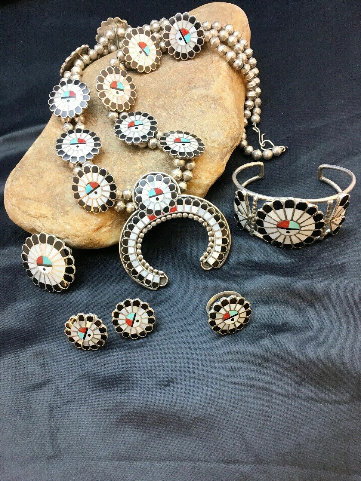 Zuni Native American Inlay Turquoise Squash Blossom Necklace Set | Sterling Silver | 2520