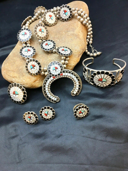 Zuni Native American Inlay Turquoise Squash Blossom Necklace Set | Sterling Silver | 2520