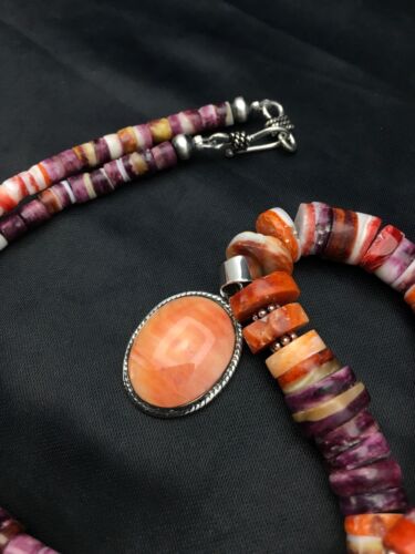 Navajo Orange Spiny Oyster Pendant Necklace Set | Sterling Silver | Authentic Native American Handmade | 2772