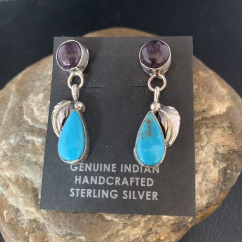 Navajo Sterling Silver Dangle Leaf Earrings | Purple Sugilite & Blue Turquoise | Handmade 13453
