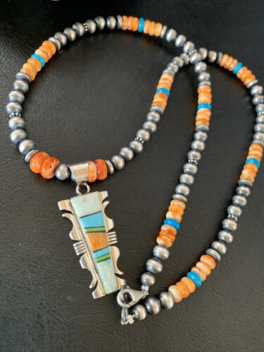 Navajo Turquoise Spiny Oyster Inlay Pendant | Sterling Silver | Authentic Native American Handmade | 11801
