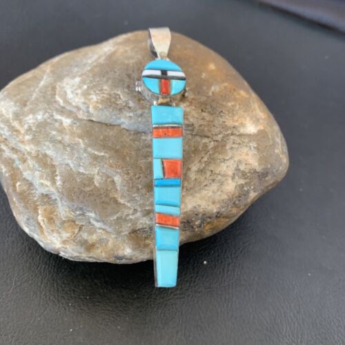 Navajo Blue Turquoise Spiny Inlay Pendant | Sterling Silver | Authentic Native American Handmade | 10881